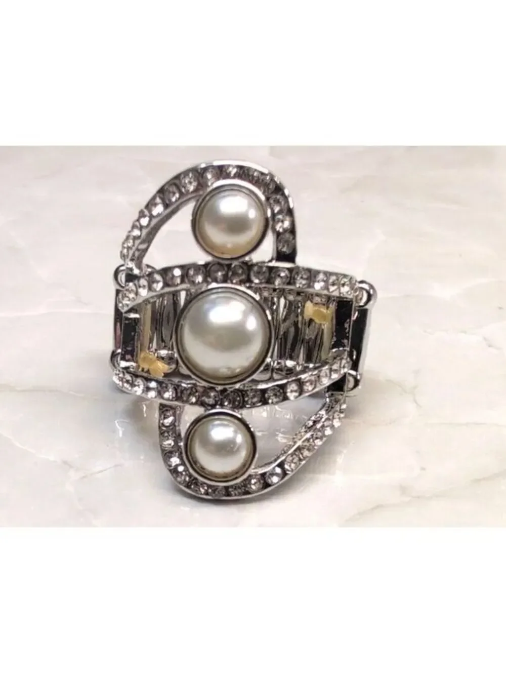 New Adjustable Silver Tone Faux Pearl Accent Stretch Ring Rhinestones Wedding